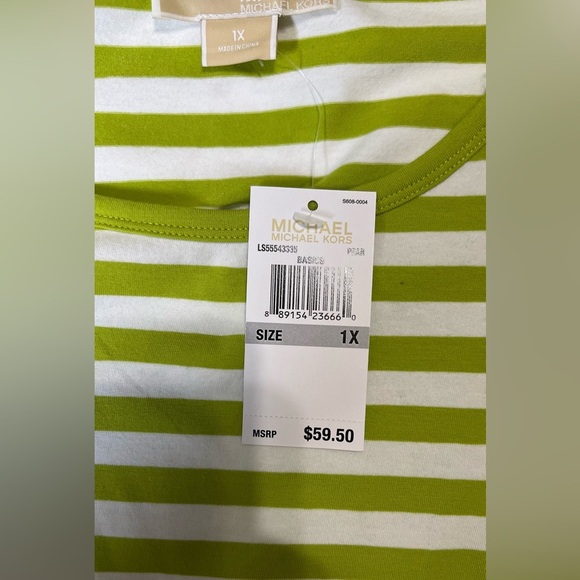 Michael Kors *NWT* 1X Women’s Lime Green & White Stripe short Sleeve Top - Picture 8 of 9